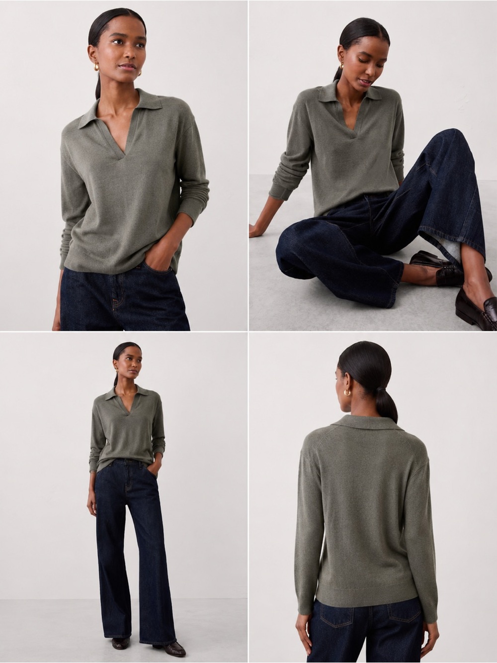 Banana Republic Merino Johnny Polo Sweater 100% Extra Fine Merino Wool Olive L